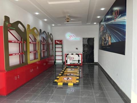 Shelving and GO Lubricants displays inside the Lube Bay shop